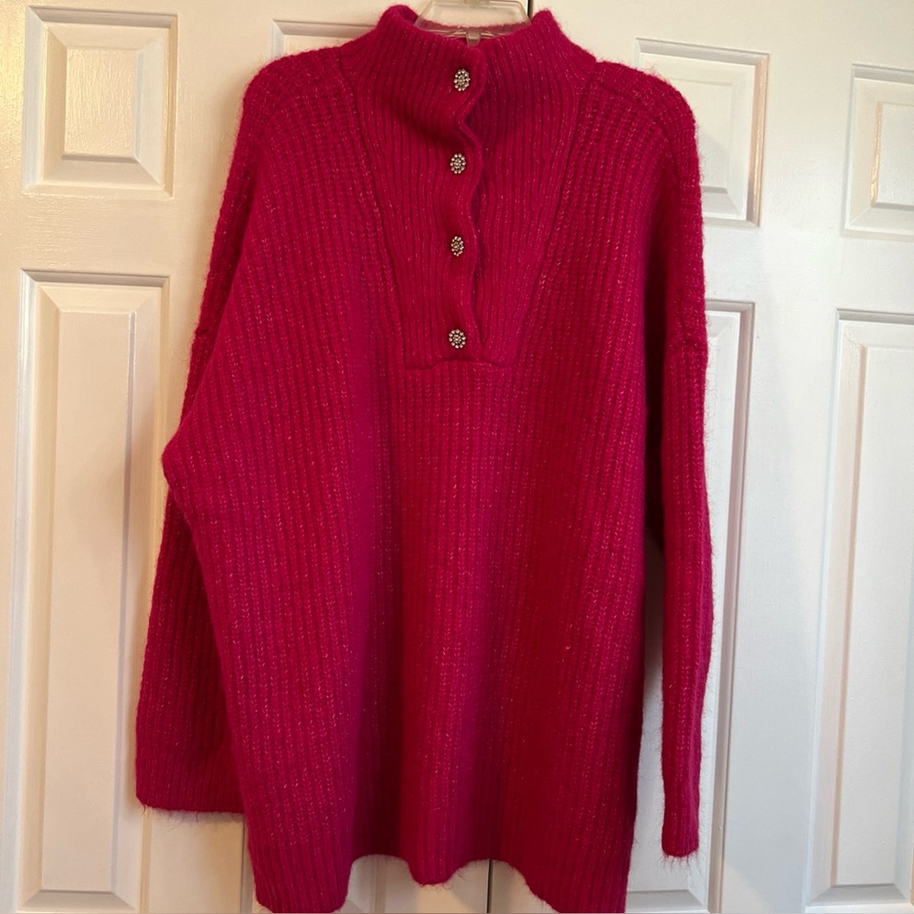 NWT Express London Wool Blend Hot Pink Fuzzy Soft Oversized Henley Sweater XL